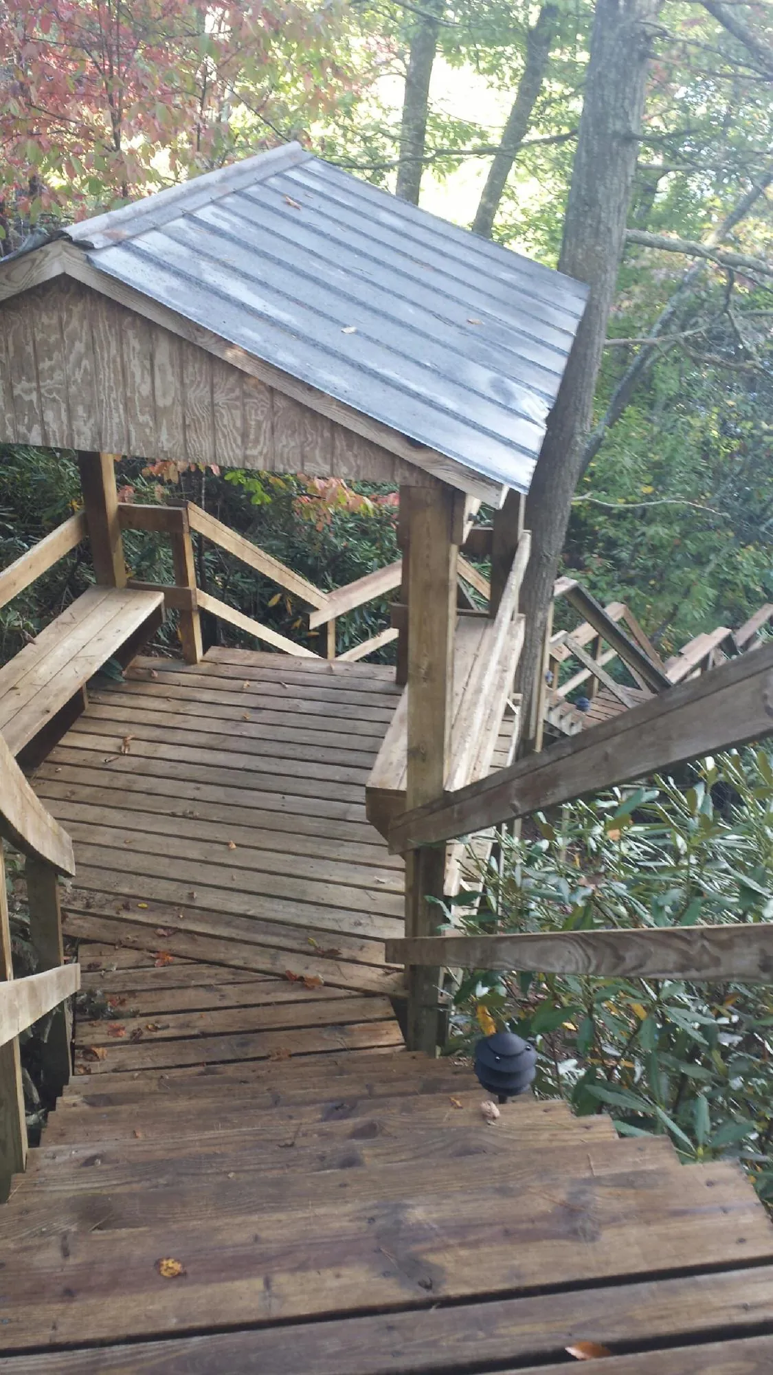 Metal roofed shelter over wooden steps on a wooded walkway — Skylight Repair & Installation work by our crew in Juliaetta